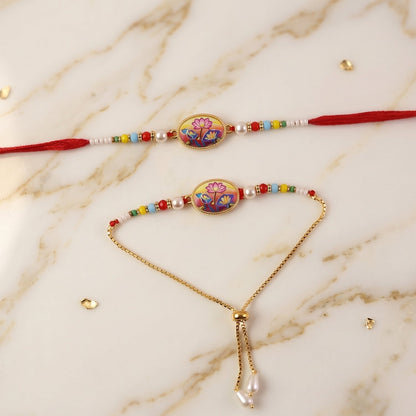 Lotus Floral Rakhi multicolor bead arrangement
