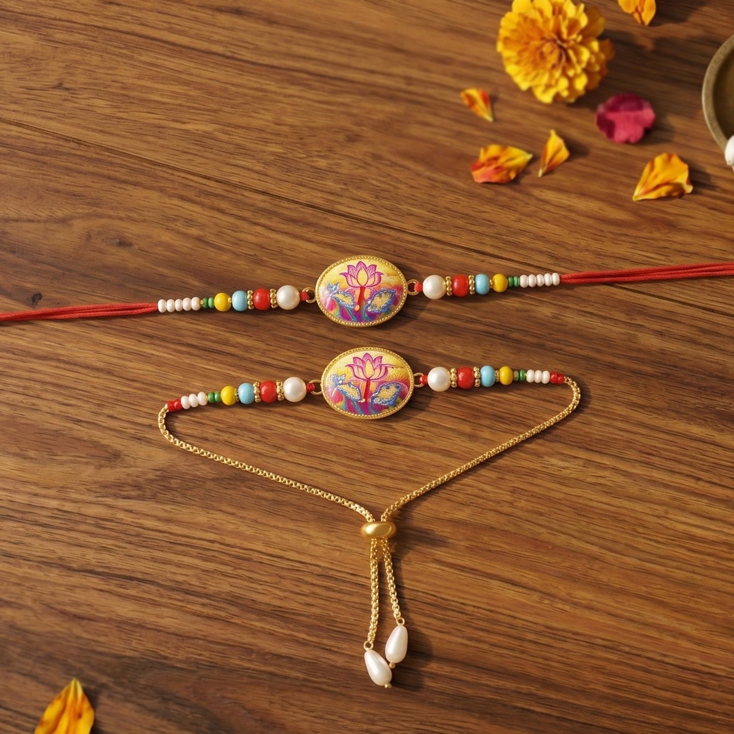 Close up of decorative beads on Lotus Floral Rakhi