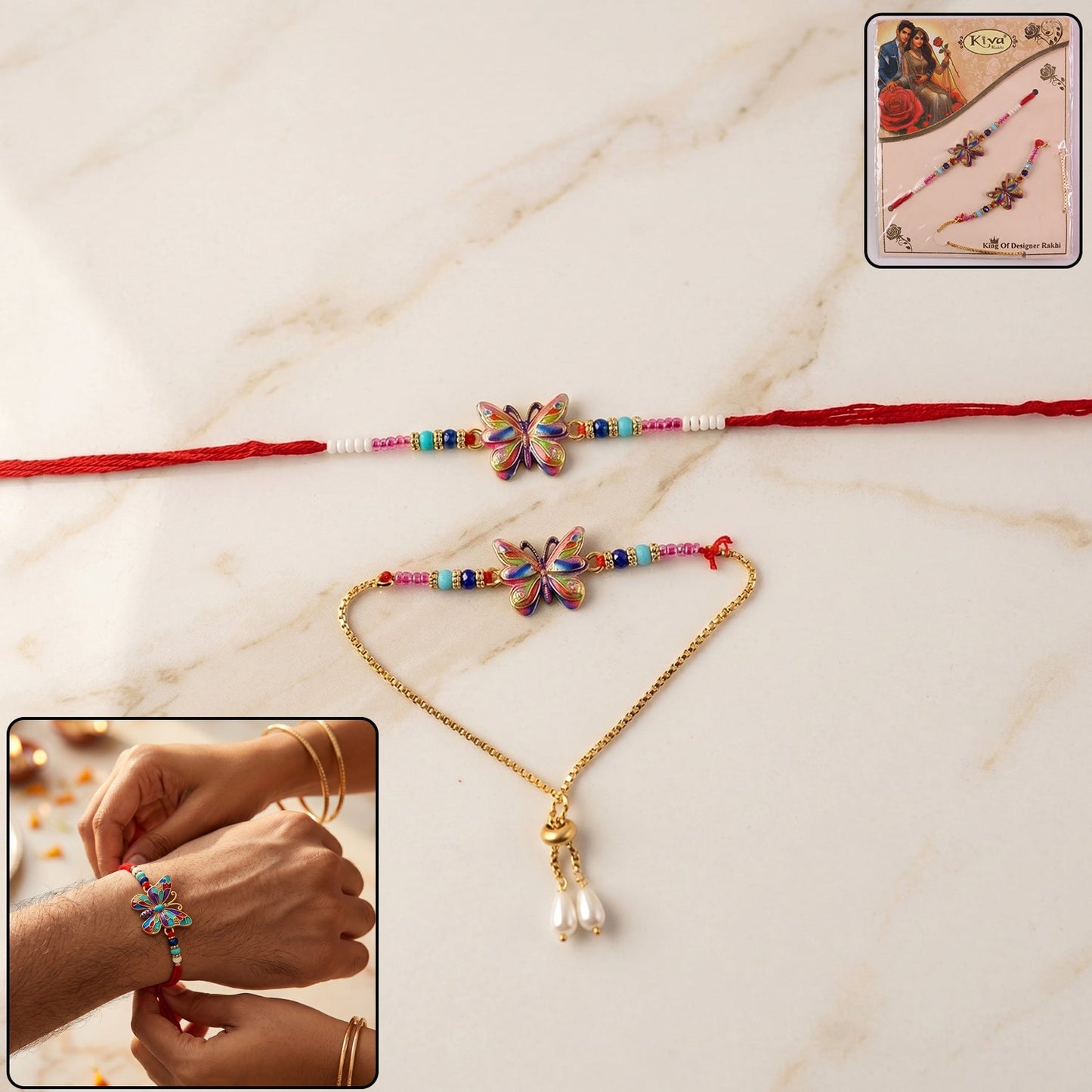 Rainbow Butterfly Designer Rakhi with beads - front view