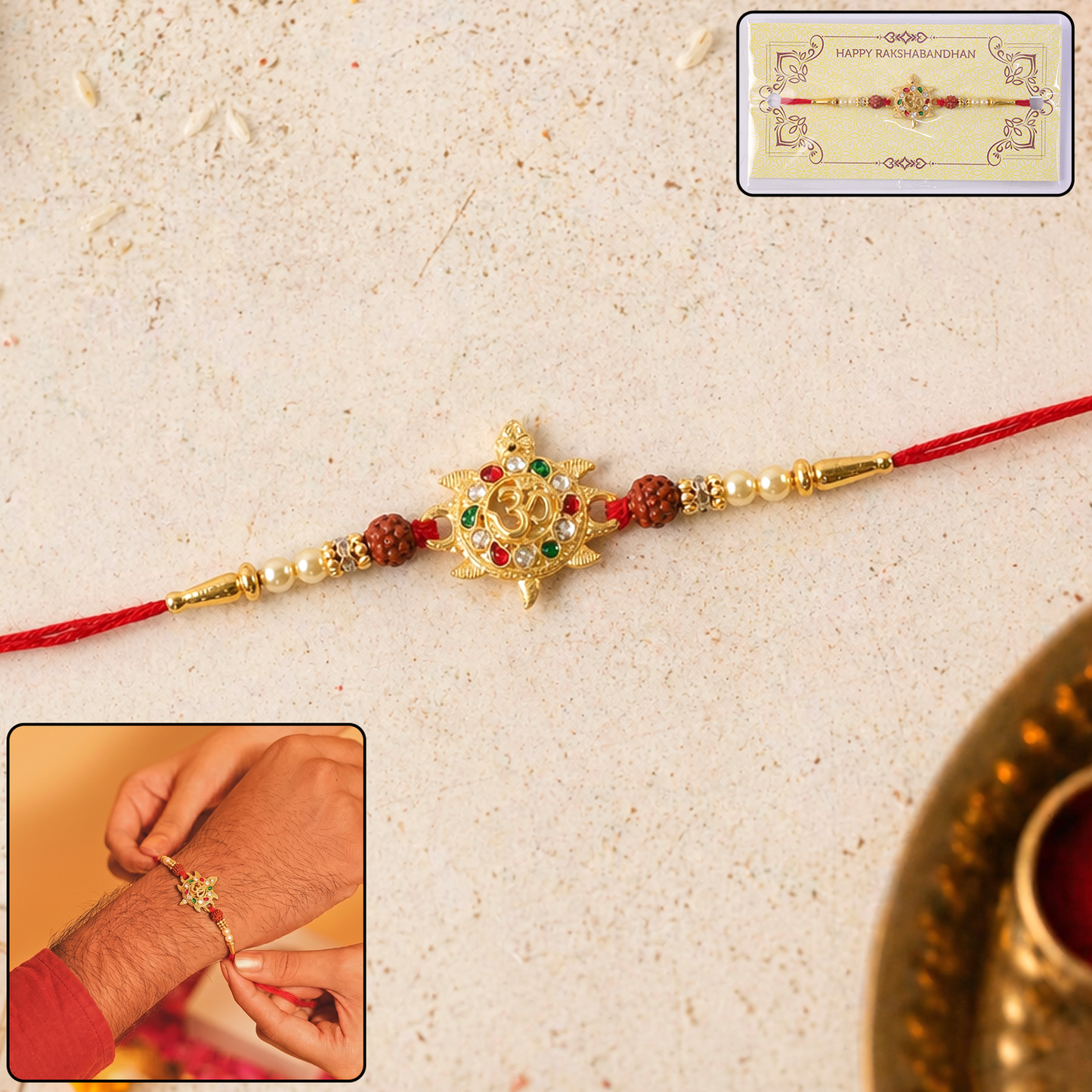 Stone studded Om symbol rakhi design front view
