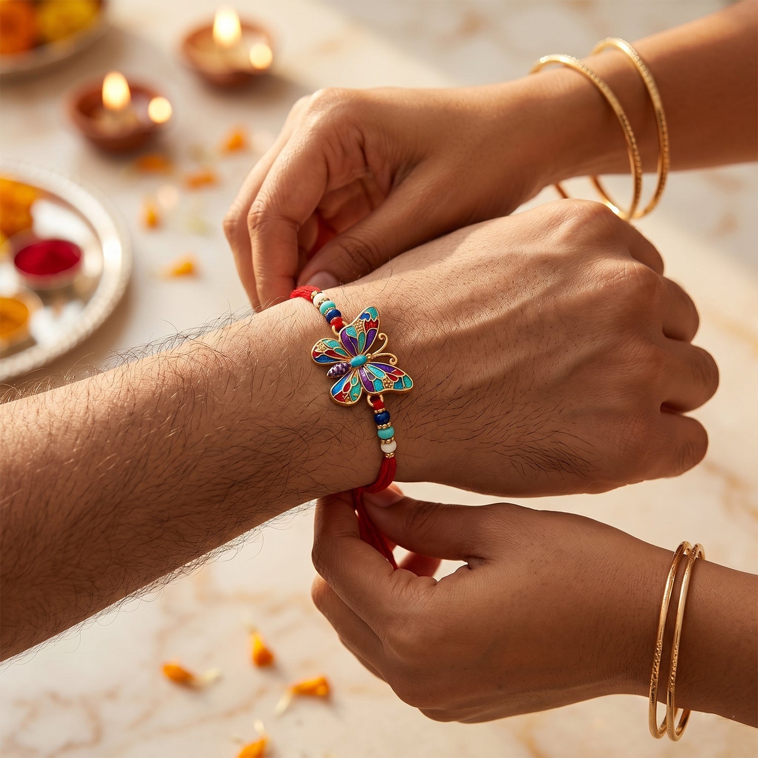 Side angle of Rainbow Butterfly Designer Rakhi with beads