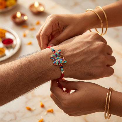 Side angle of Rainbow Butterfly Designer Rakhi with beads