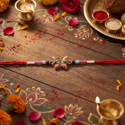 Close-up of Rainbow Butterfly centerpiece on Rakhi