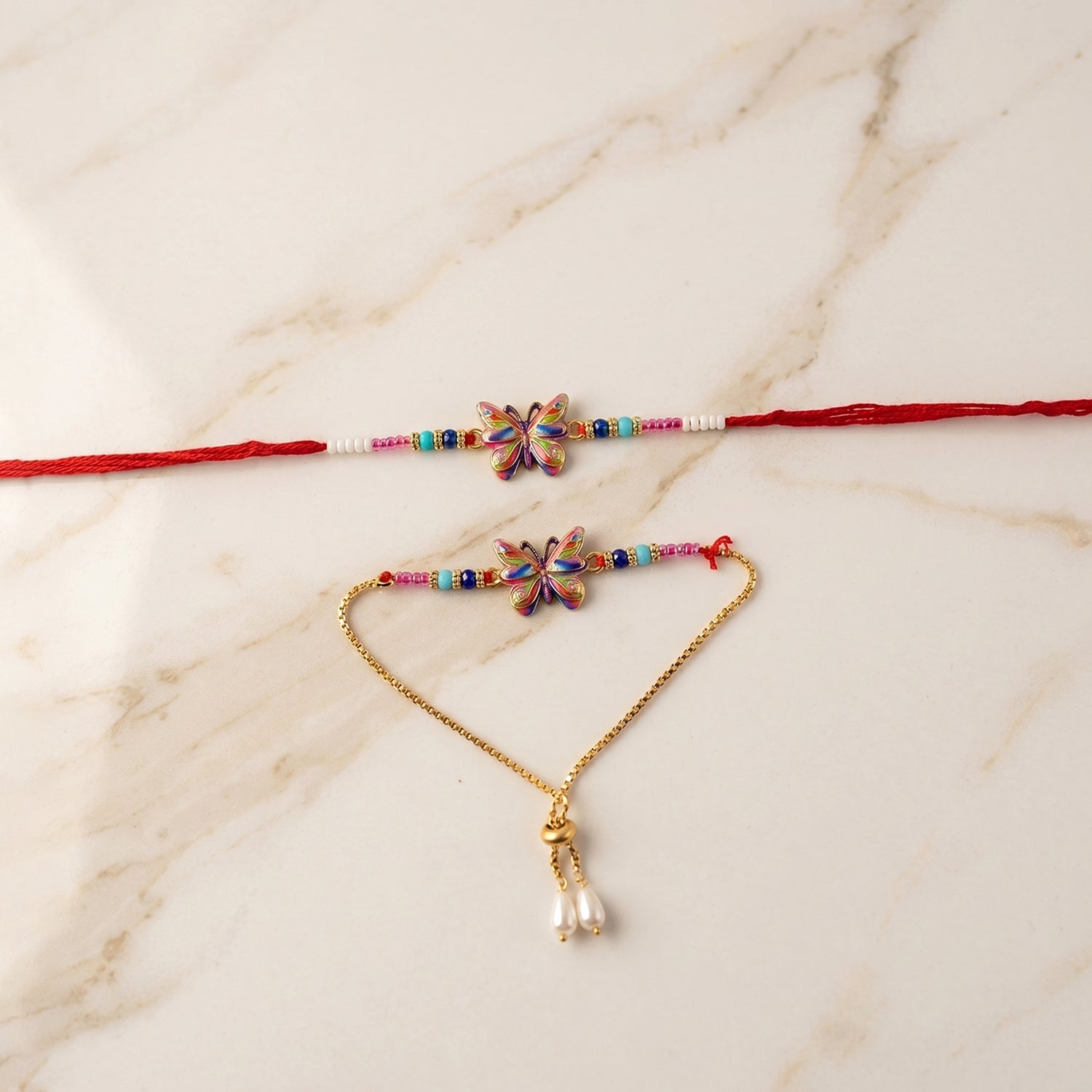 Detail of decorative beads on Rakhi thread