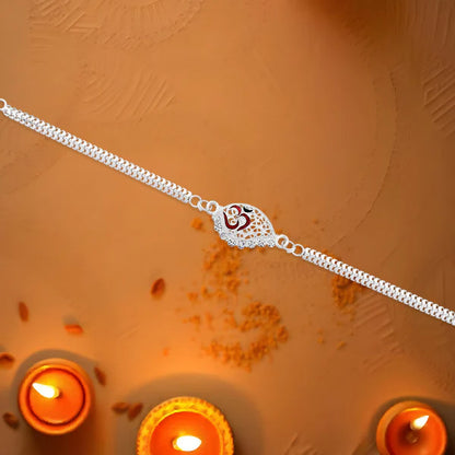 Silver Plated Om Symbol Rakhi – Elegant Dual Chain Design