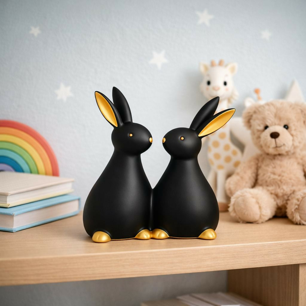 Close-up view of rabbit couple figurine with matte finish and golden detailing