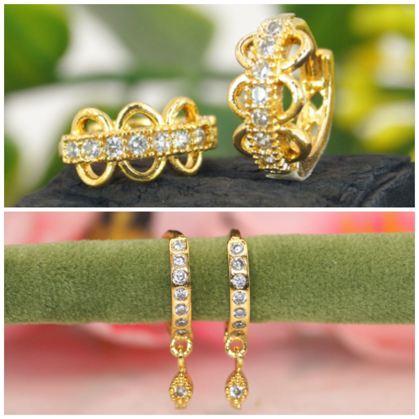 Set of gold plated AD Bali hoop earrings with flower and star dangler charms