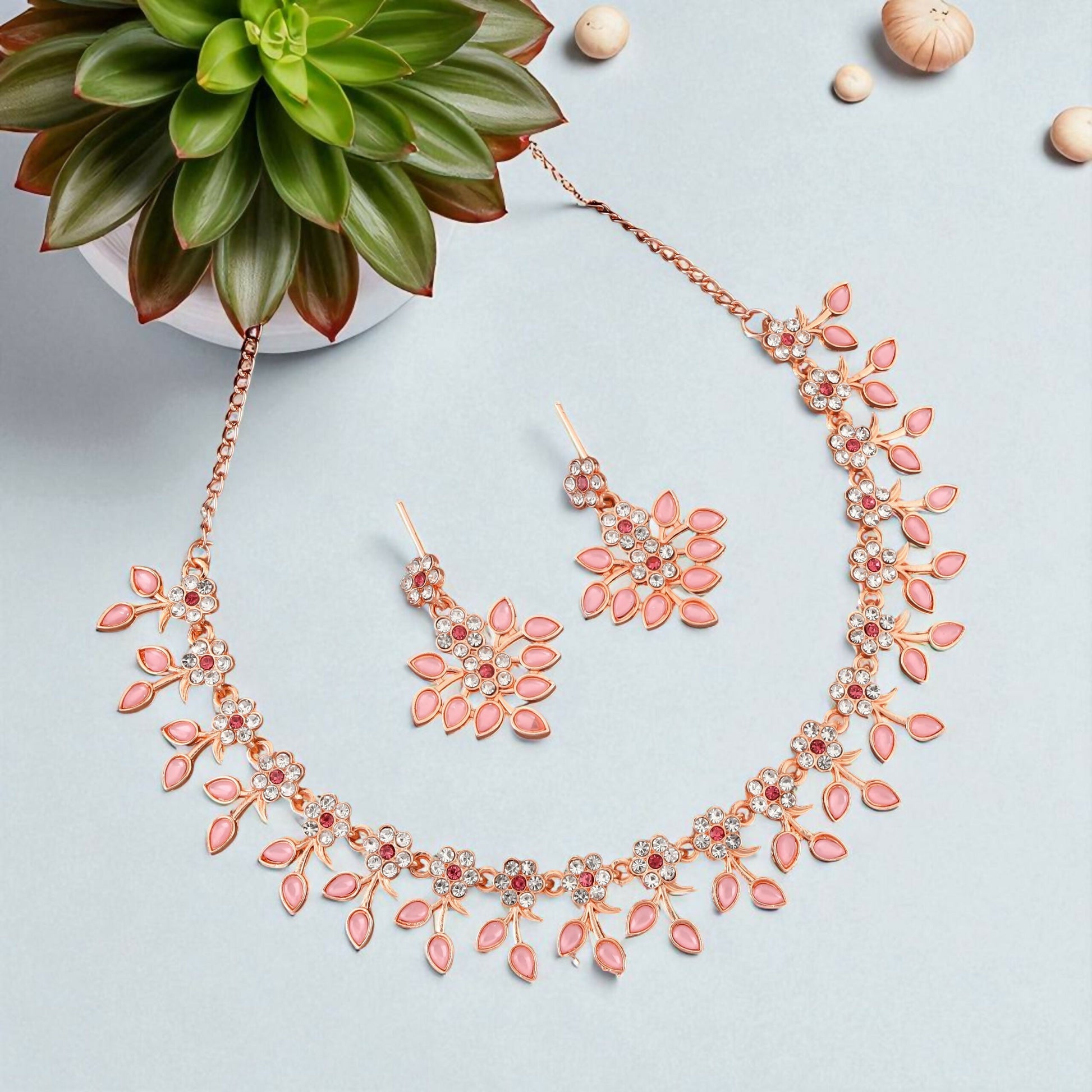 Romantic Rose Gold-Toned Pink Enamel Floral Set