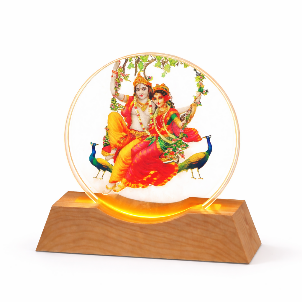 Radha Krishna Acrylic LED Lamp with Wooden Base | Decorative Night Light