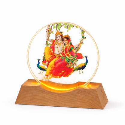 Radha Krishna Acrylic LED Lamp with Wooden Base | Decorative Night Light