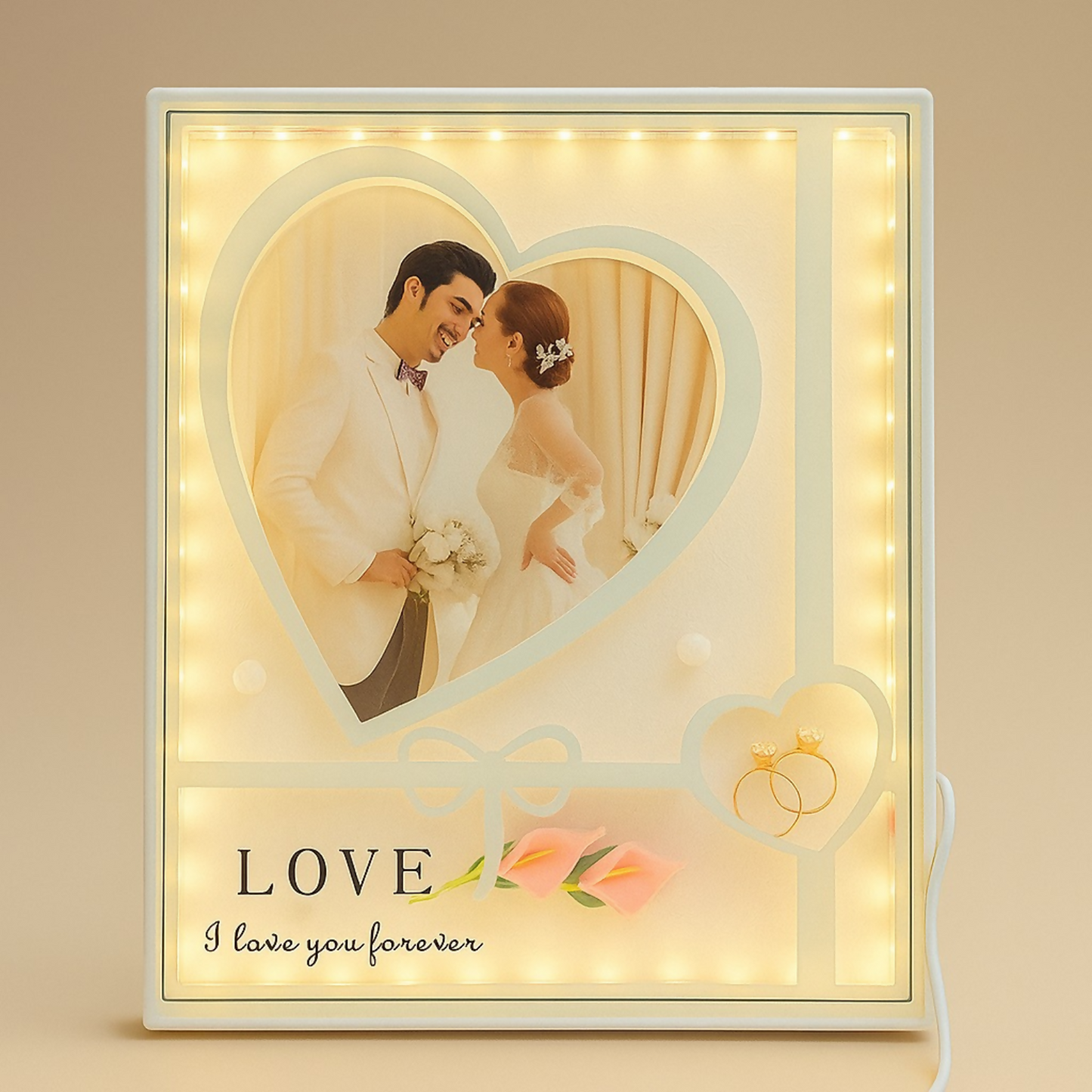 Romantic Heart-Shape LED Photo Frame for Couples | Warm Light Illuminated Wedding & Anniversary Picture Frame with Ring Motif and Floral Design | USB Powered Tabletop Love Night Lamp for Bedroom & Home Decor