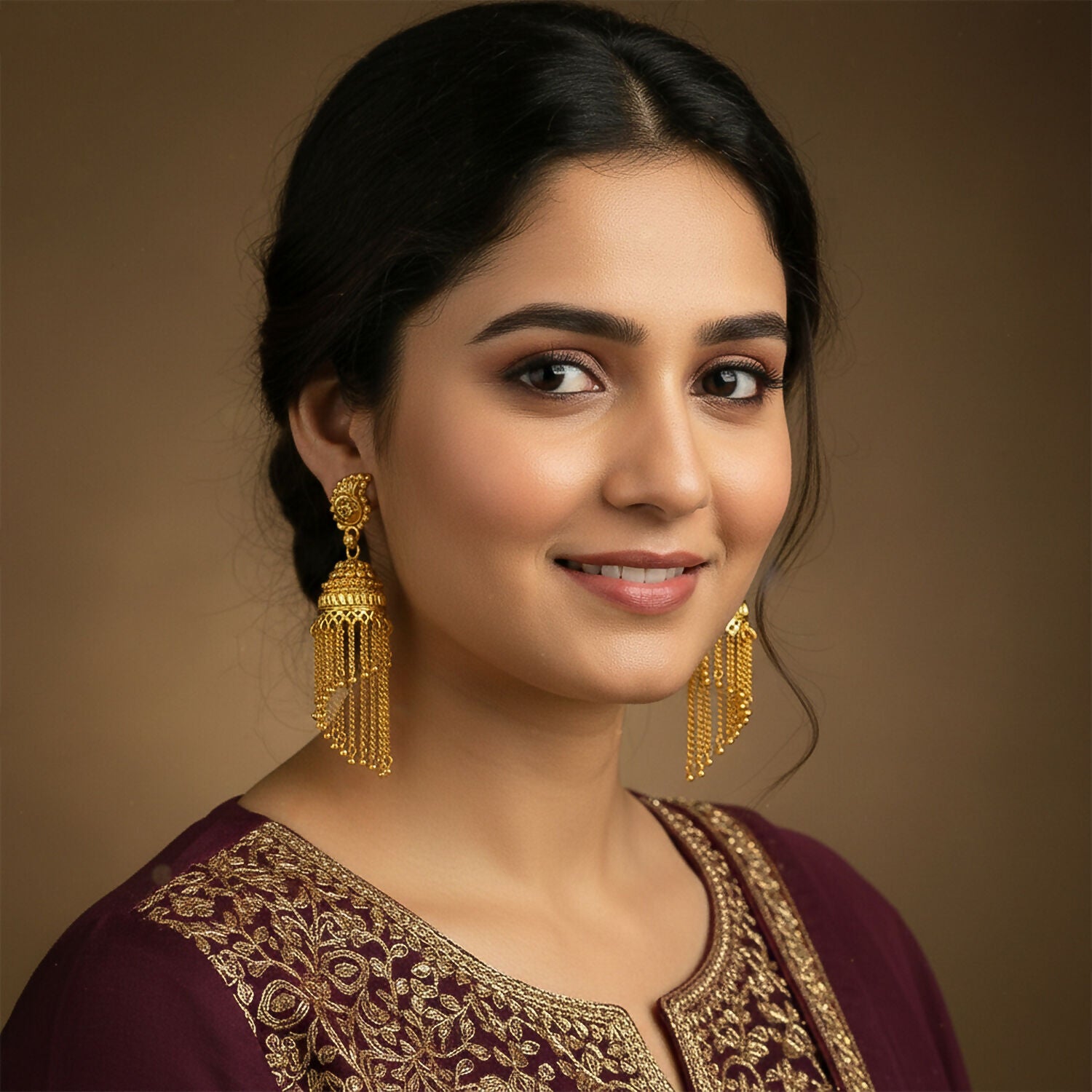 Close-up of gold plated long tassel jhumka earrings