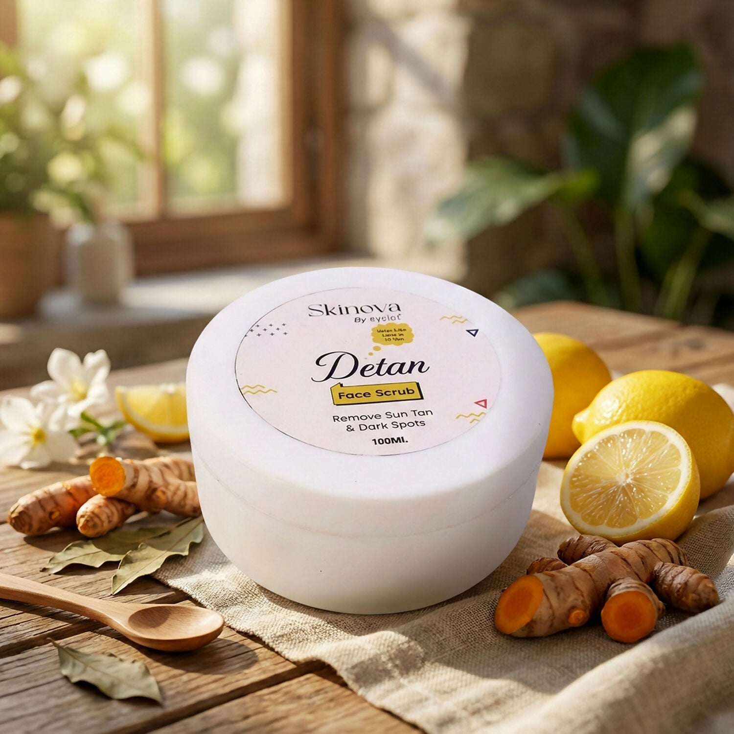 Close-up of Eyelet Detan Face Scrub packaging