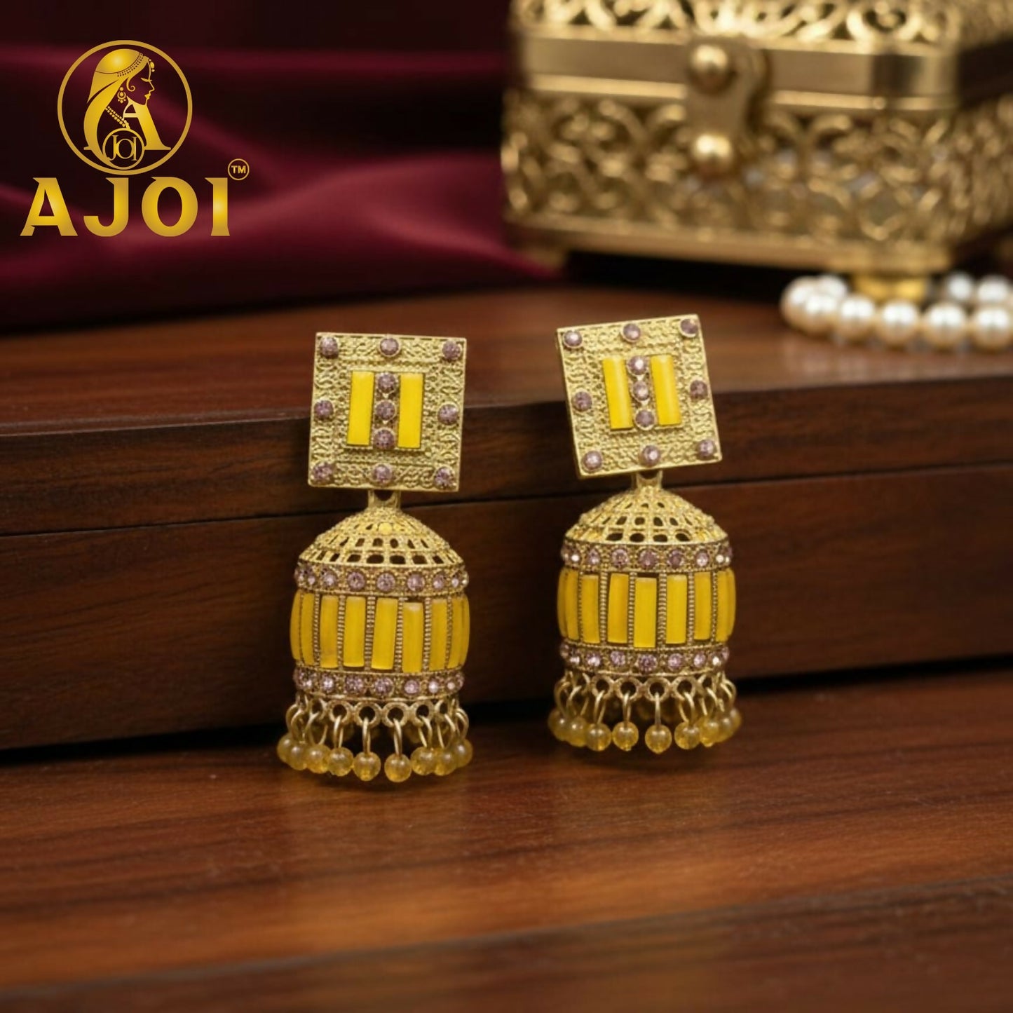 Royal Mustard Yellow Designer Earrings with Elegant Drop and Stone Detailing