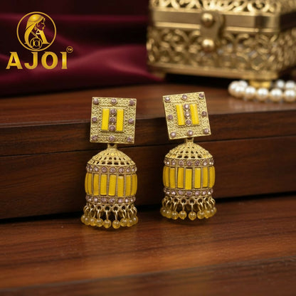 Royal Mustard Yellow Designer Earrings with Elegant Drop and Stone Detailing