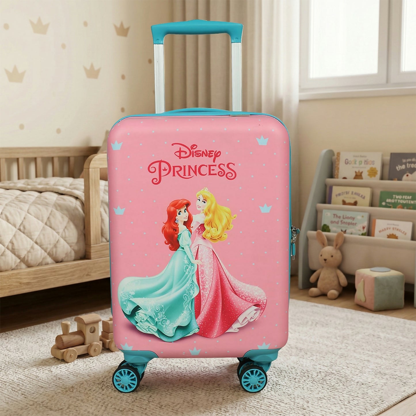 Front view of pink Disney Princess kids trolley bag with spacious design