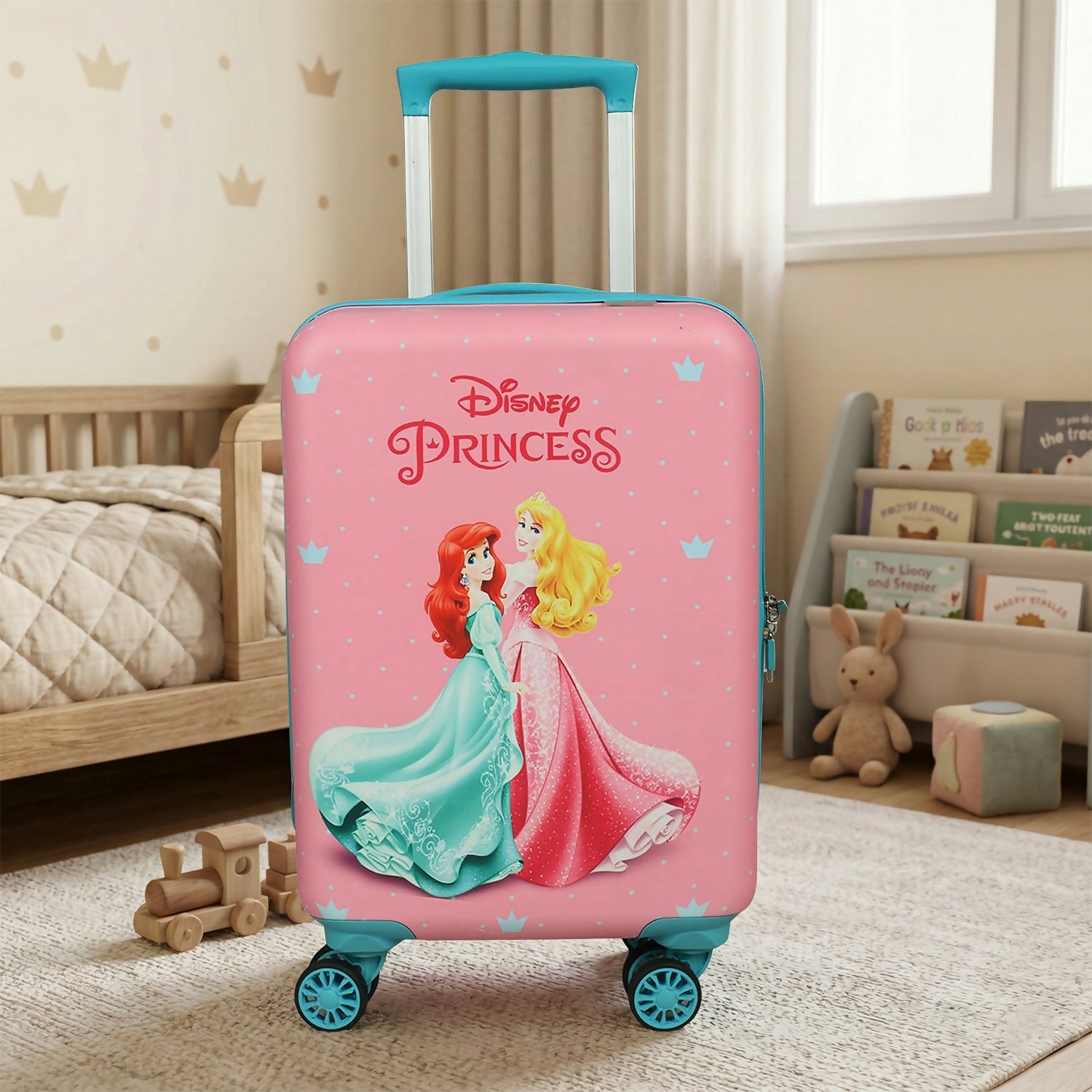 Front view of pink Disney Princess kids trolley bag with spacious design