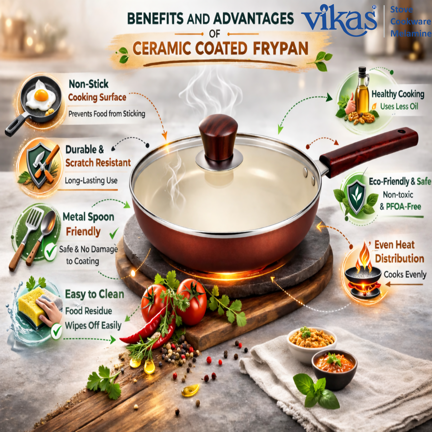 Vikas 240mm ceramic frypan with glass lid and wooden handle