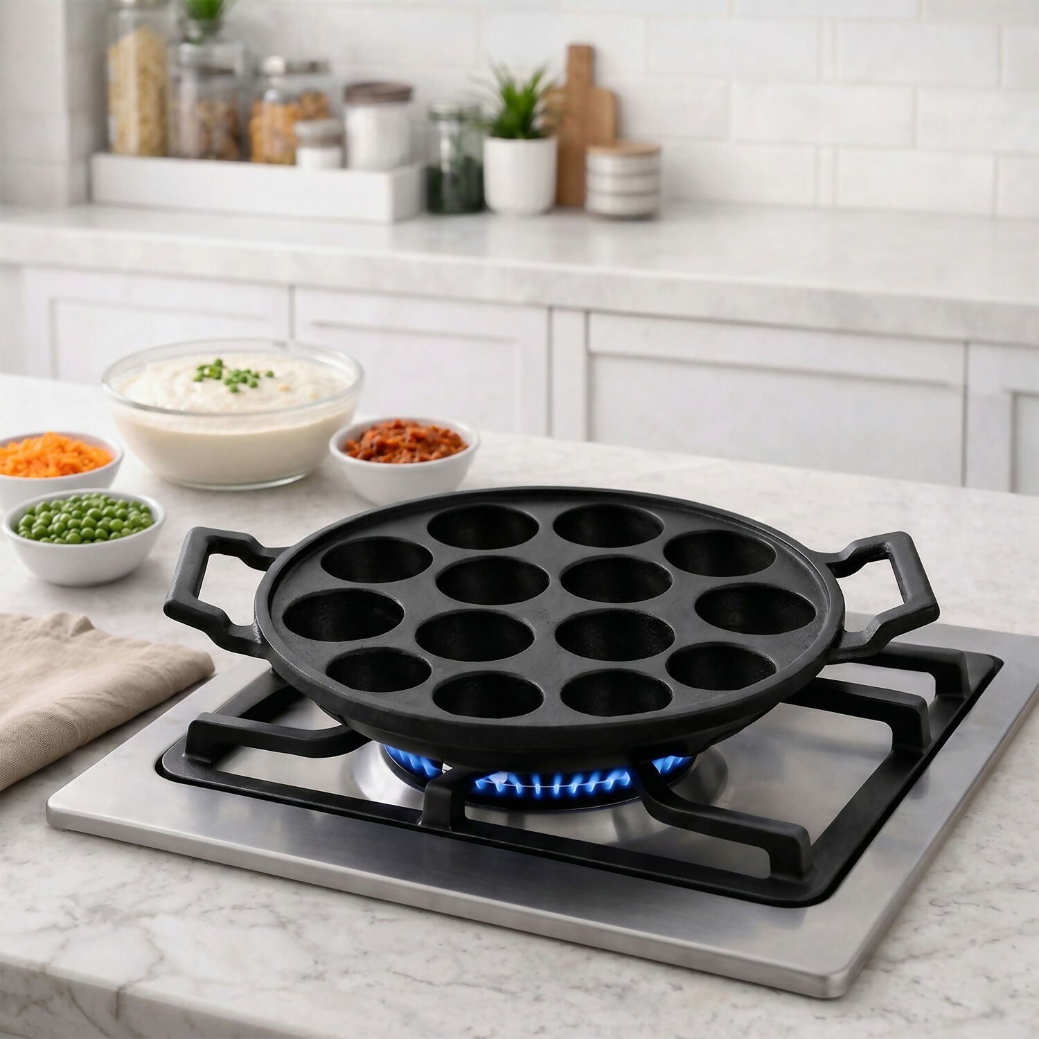Cooking paniyaram snacks using cast iron 12-cavity pan
