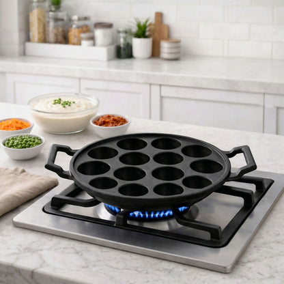 Cooking paniyaram snacks using cast iron 12-cavity pan