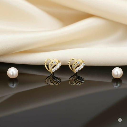 Gold Plated Heart Stud Earrings with Sparkling AD for women and girls
