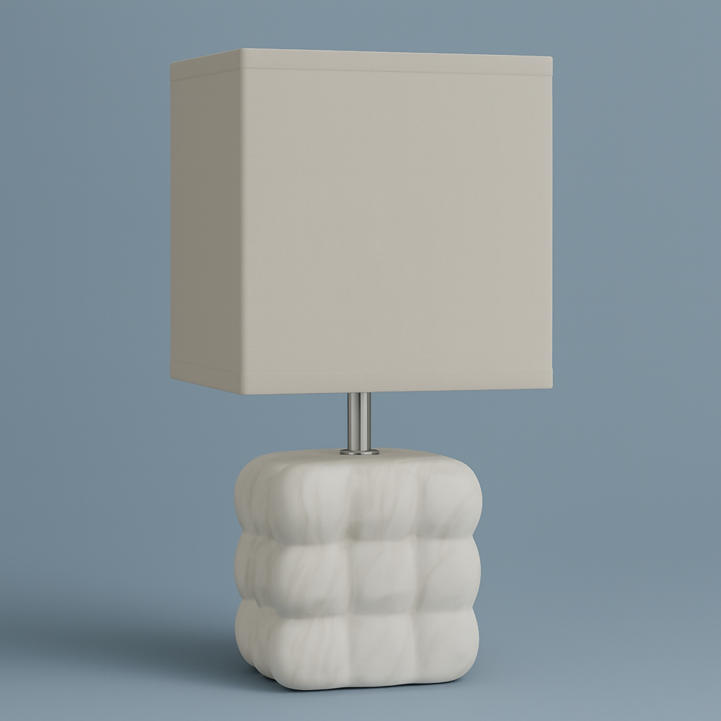 Modern White Bubble-Texture Ceramic Table Lamp with Square Fabric Shade | Luxury Ambient Night Lamp for Bedroom, Living Room & Study | Soft Warm Decorative Home Lighting