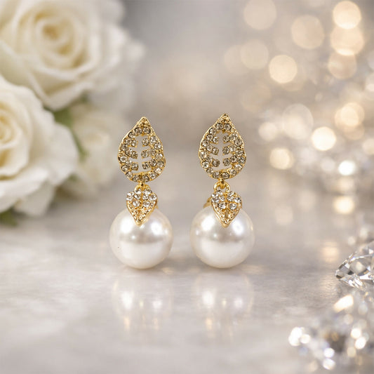 Luxury Korean Style Gold Leaf Pearl Drop Earrings for Women