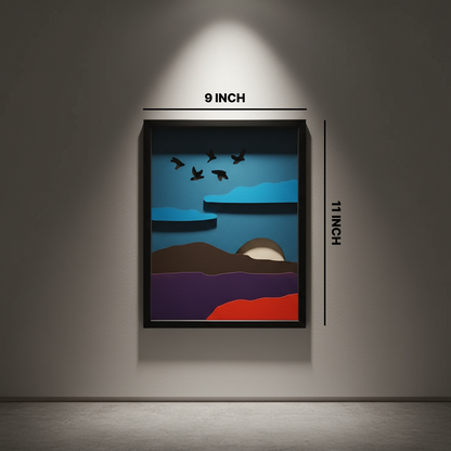 Handcrafted Wooden Mountain Wall Art – Nature Scene with Sun, Clouds & Birds | Minimal Landscape Wooden Frame | Eco-Friendly Wall Decor for Home & Office