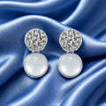 Silver Tone White Pearl Crystal Drop Earrings with Elegant Double Round Stud Design