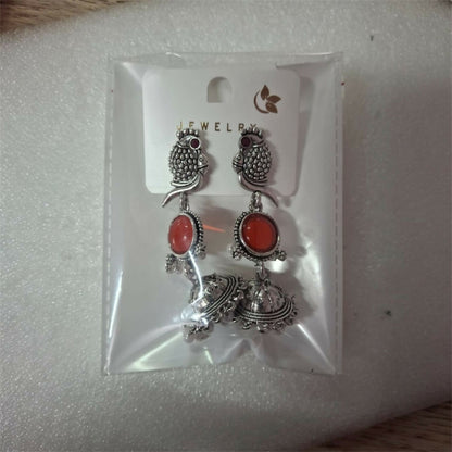 Oxidised Bird Design Jhumka Earrings with Stone Center and Pearl Drops for Women