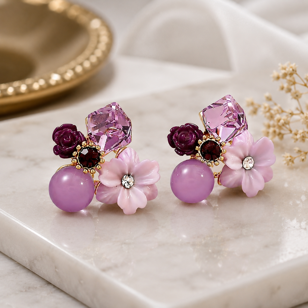 Premium Korean Floral Crystal Stud Earrings for Women Purple Flower Pearl Design close-up detail for festive gifting