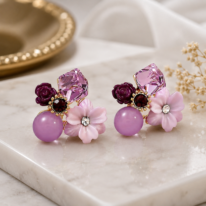 Premium Korean Floral Crystal Stud Earrings for Women Purple Flower Pearl Design close-up detail for festive gifting