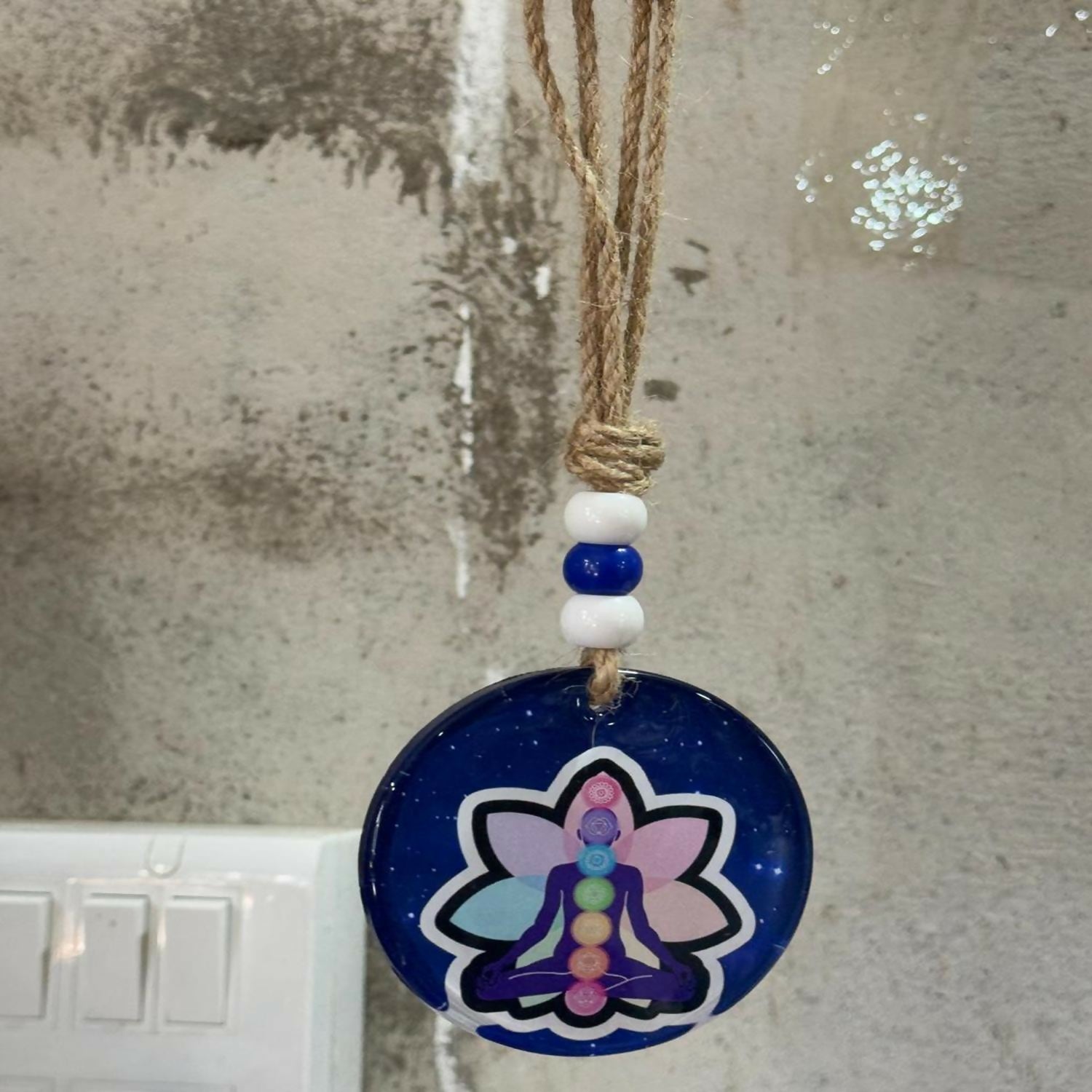 Set of 2 Hanging Wall & Car Decorative Ornaments – Lord Ganesha Design & Chakra Meditation Lotus Symbol – Evil Eye Protection with Beads – Home Temple Wall Décor, Car Rearview Mirror Hanging, Positive Energy Gift