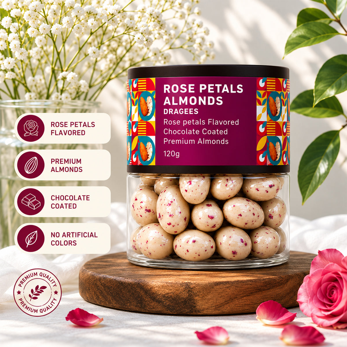 Rose Petals Almond Dragees Premium Whole Almonds in Rose Chocolate Coating (120g)