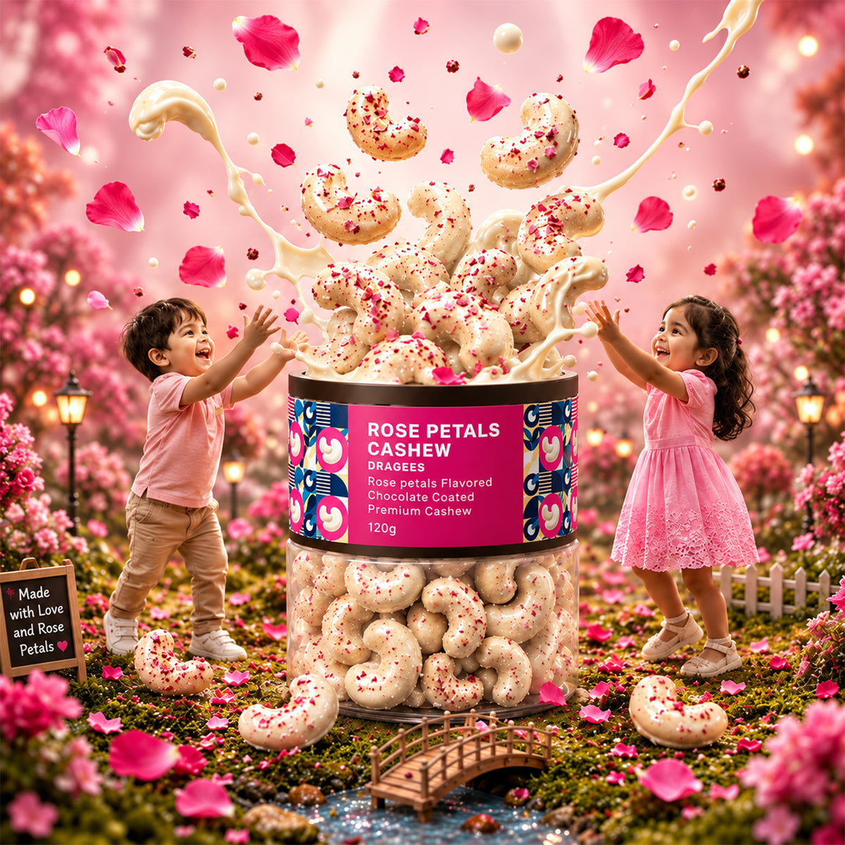 Rose Petals Cashew Dragees Premium Whole Cashews in Rose Chocolate Coating (120g)