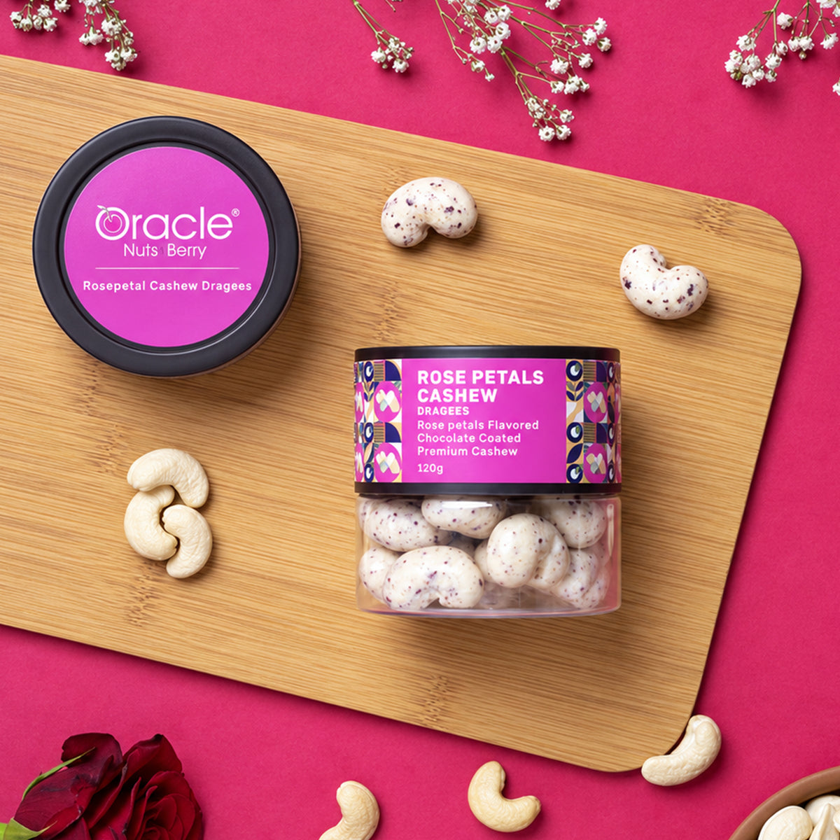 Rose Petals Cashew Dragees Premium Whole Cashews in Rose Chocolate Coating (120g)