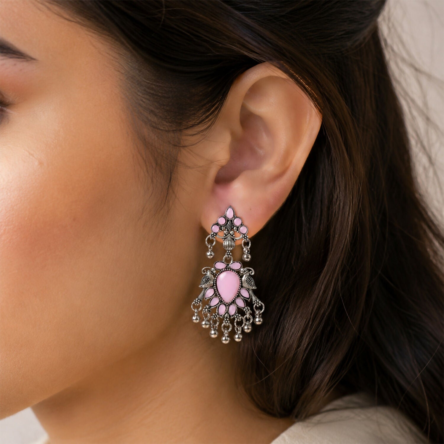 Traditional Oxidised SilverChandbali Drop Earrings for Women (1 Pair) - Green