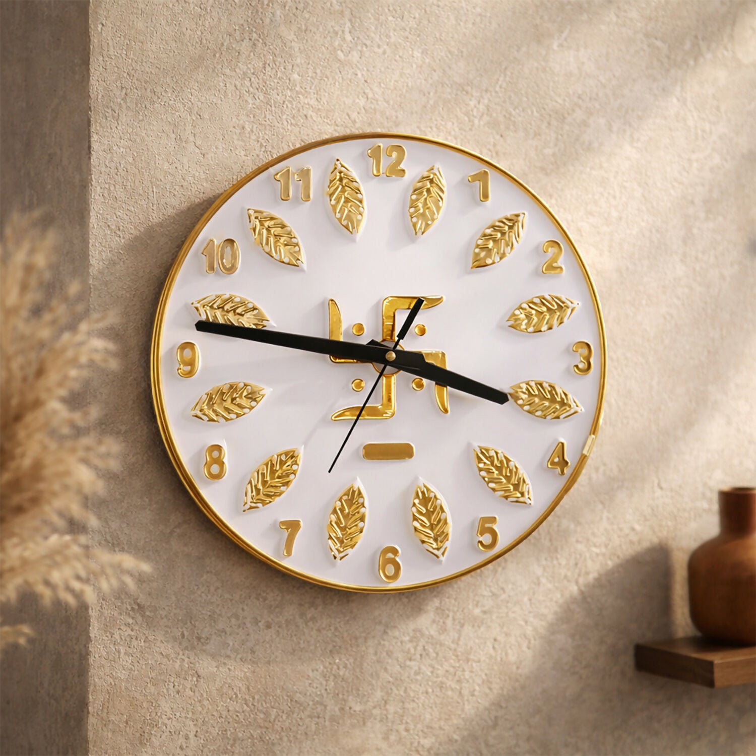 Close-up of Swastik design on silver resin art wall clock