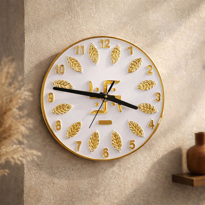 Close-up of Swastik design on silver resin art wall clock