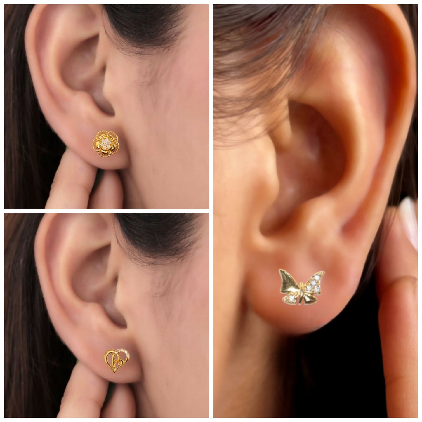 Gold Plated Stud Earring Combo | Heart, Butterfly & Floral" for women and girls Combo Pack of 3