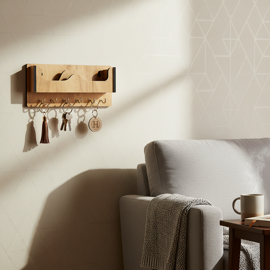 Wooden Wall Mounted Key Holder with Shelf for Mobile, Glasses and Daily Items