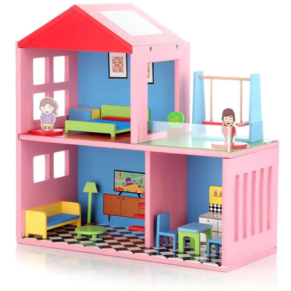 My Wooden Doll House Set for Girls with 4 Rooms (Multicolor)