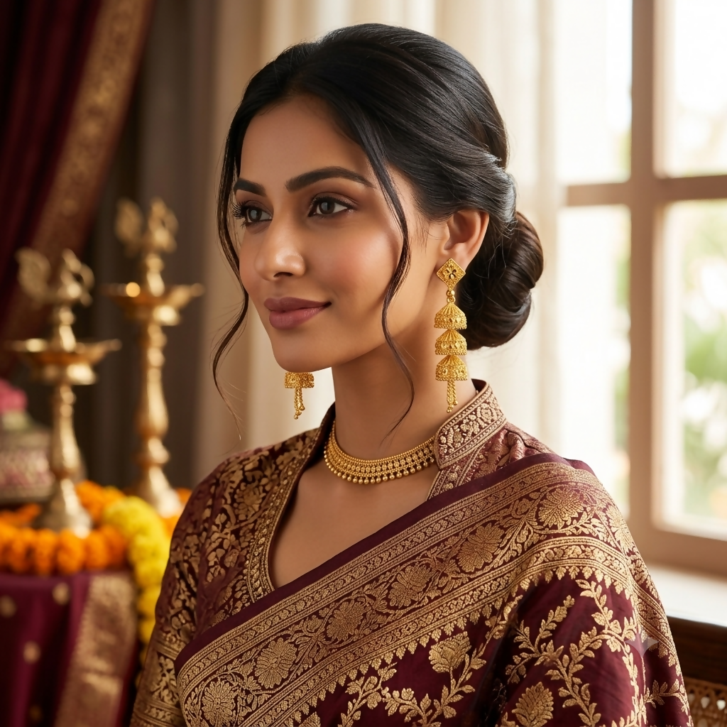 Intricate gold jhumka earrings with ethnic design