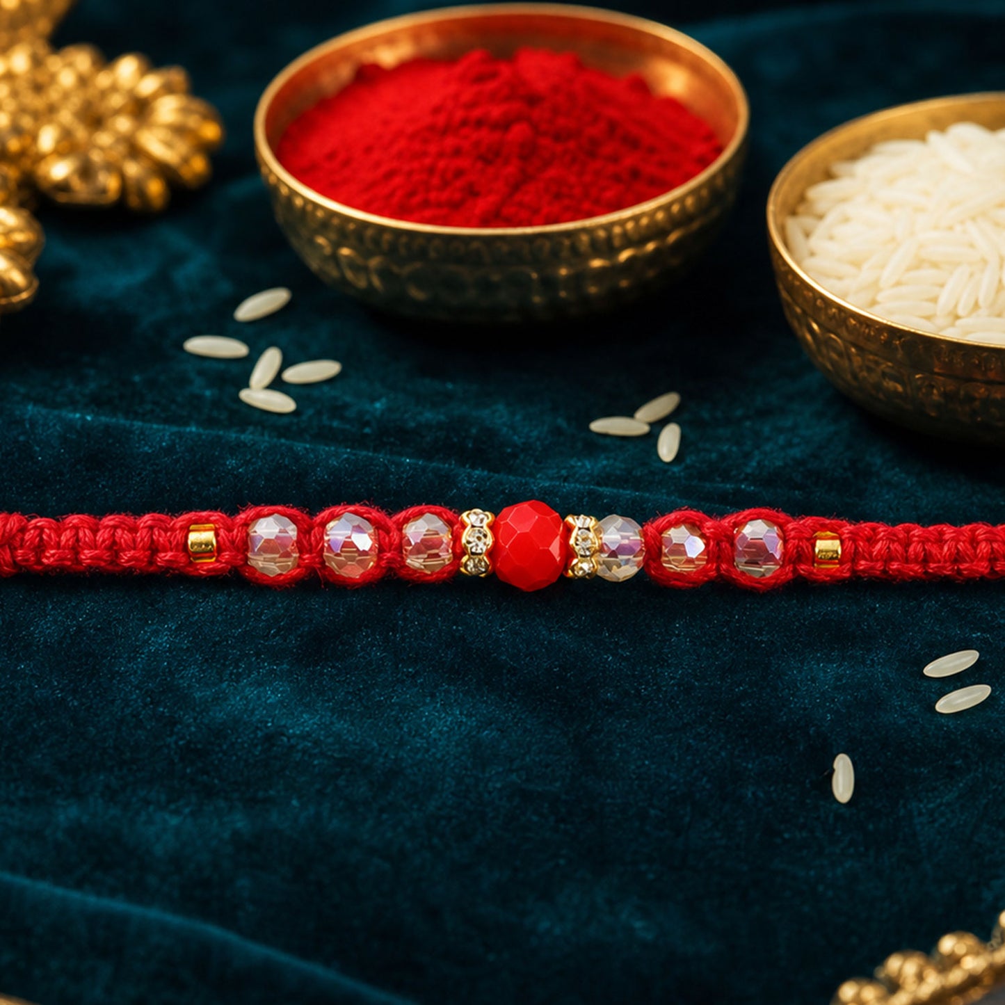 Red Braided Rakhi with a Row of Sparkling Crystal Bead Accents