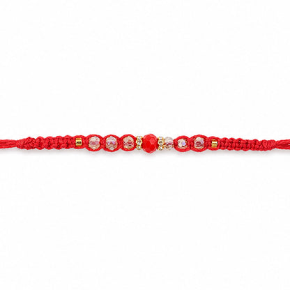 Red Braided Rakhi with a Row of Sparkling Crystal Bead Accents
