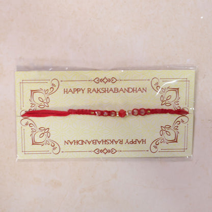 Red Braided Rakhi with a Row of Sparkling Crystal Bead Accents