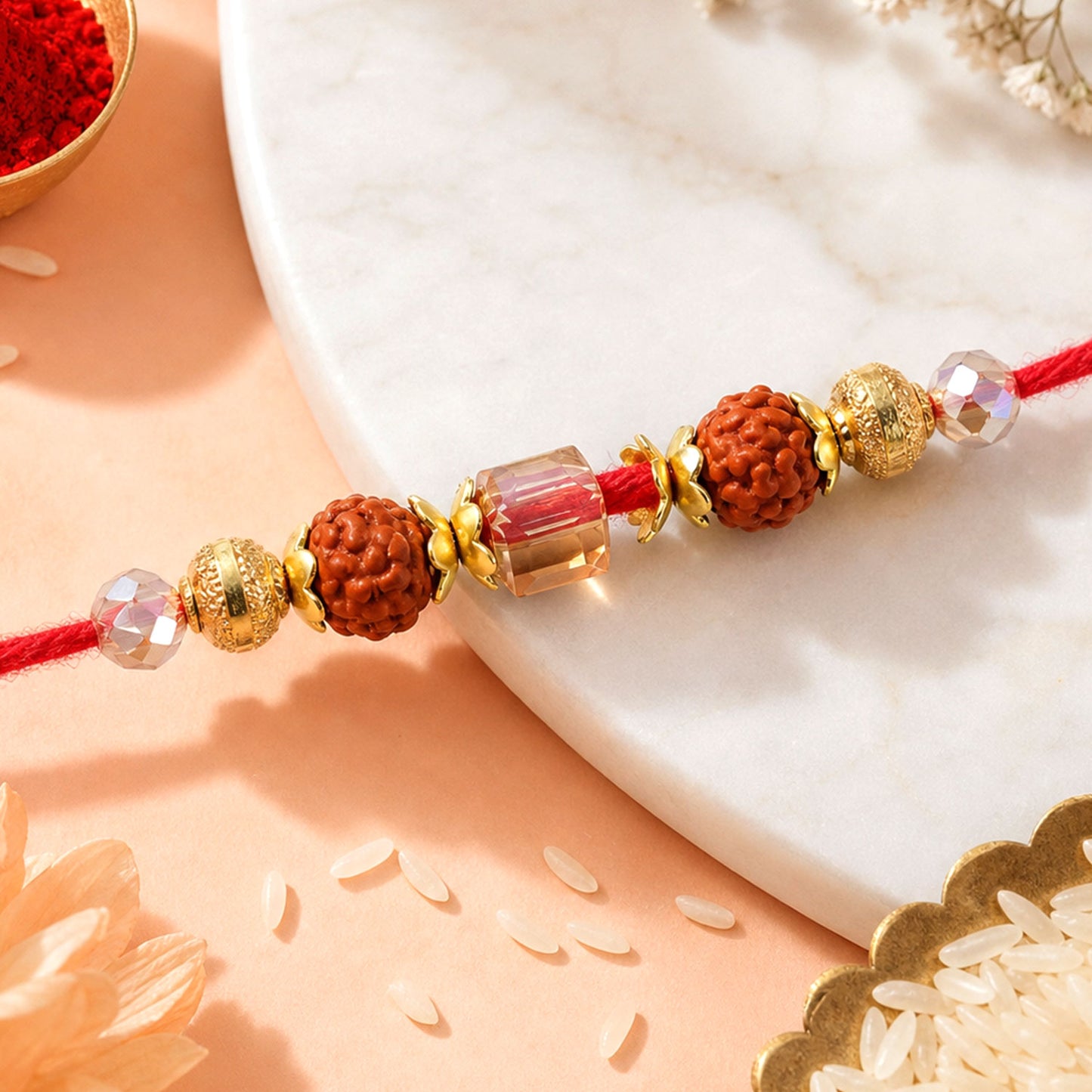 Red Thread Rakhi with Rudraksha and Sparkling Crystal Bead Accents