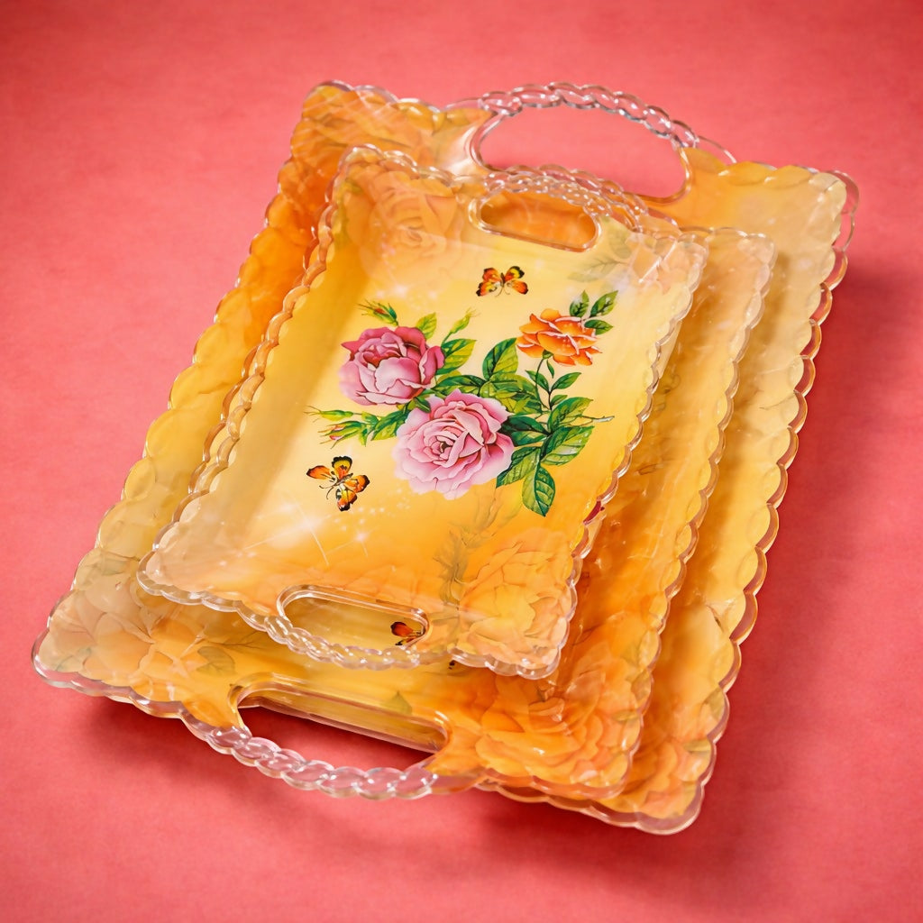 Floral Printed Serving Tray Set of 3 with Handles Multipurpose