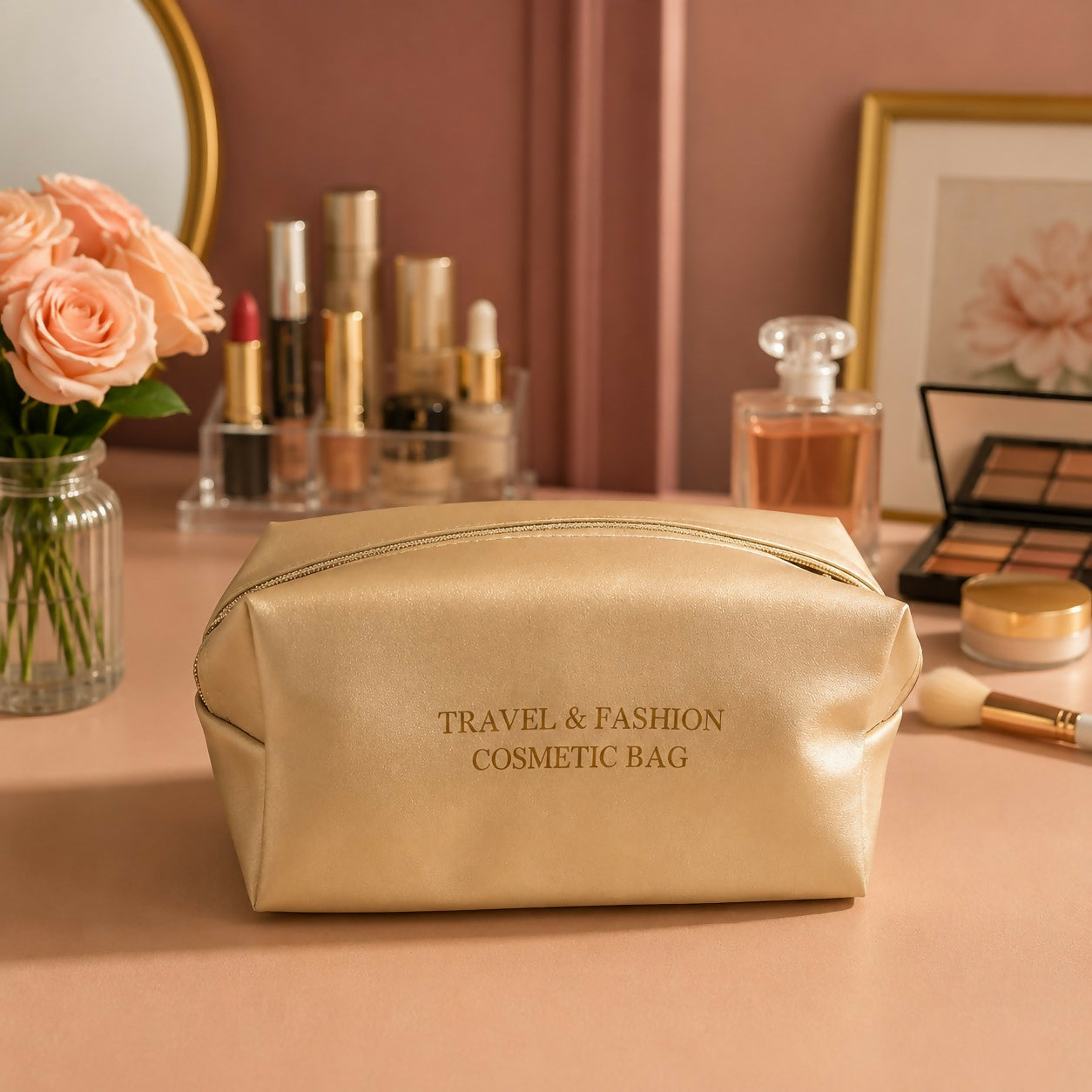 Compact travel toiletry bag with smooth zipper closure