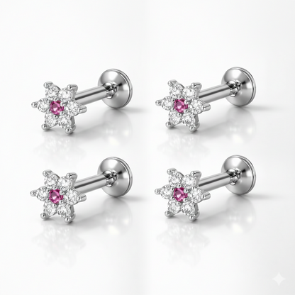 Pink crystal flower nosepin stud displaying flat-back post for comfy wear